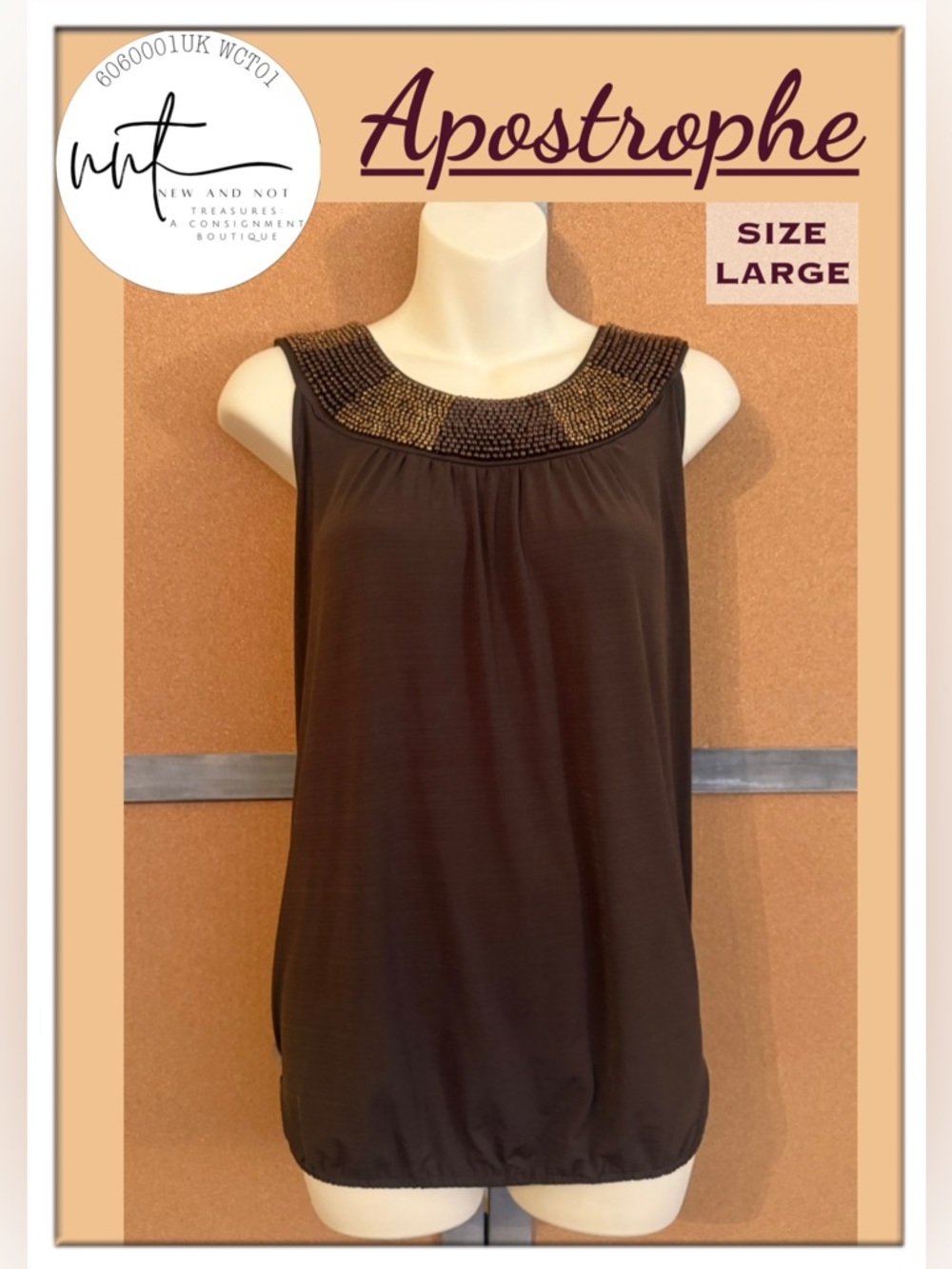 Apostrophe Beaded Neckline Sleeveless Bubble Hem Stretch Knit Top Brown Large